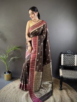 Elora - Brown Lichi Silk Jacquard Zari Woven Motifs Banarasi Saree With Unstitched Blouse