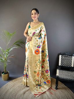 Elora - Cream Soft Silk Zari Woven Floral Motifs Pathani Saree With Unstitched Blouse