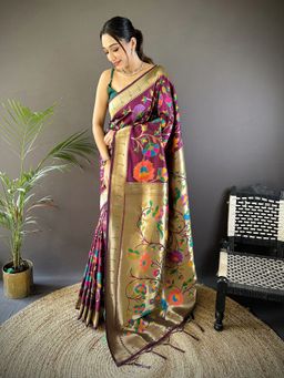 Elora - Wine Soft Silk Zari Woven Floral Motifs Pathani Saree With Unstitched Blouse