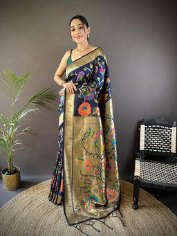Elora - Navy Blue Soft Silk Zari Woven Floral Motifs Pathani Saree With Unstitched Blouse