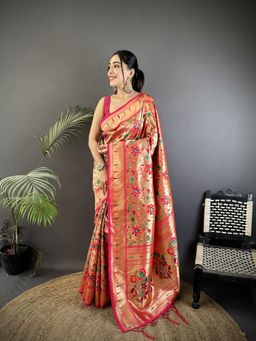 Elora - Rani Pink Soft Silk Floral Vine Pattern Pathani Saree With Unstitched Blouse