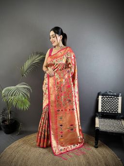Elora - Pink Soft Silk Floral And Leaf Designs Pattern Pathani Saree With Unstitched Blouse