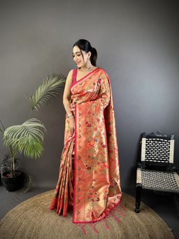 Elora - Gold Soft Silk Floral And Leaf Motifs Pattern Pathani Saree With Unstitched Blouse
