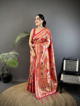 Elora - Gold Soft Silk Floral Motifs Pattern Pathani Saree With Unstitched Blouse