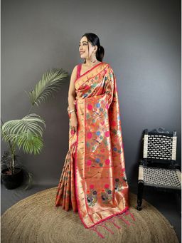 Elora - Pink Soft Silk Mughal-Inspired Motifs Pattern Pathani Saree With Unstitched Blouse