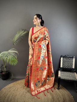 Elora - Pink Soft Silk Mughal-Inspired Motifs Pattern Pathani Saree With Unstitched Blouse