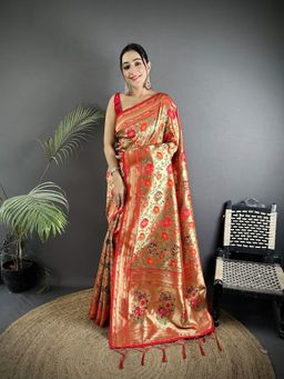 Elora - Light Red Soft Silk Floral Motifs Pattern Pathani Saree With Unstitched Blouse