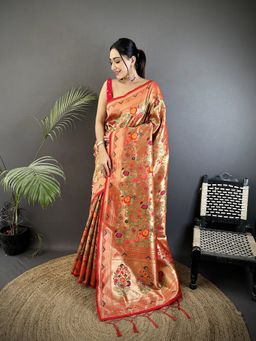 Elora - Red Soft Silk Floral And Leaf Motifs Pattern Pathani Saree With Unstitched Blouse
