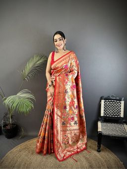 Elora - Red Soft Silk Intricate Floral Motifs Pattern Pathani Saree With Unstitched Blouse