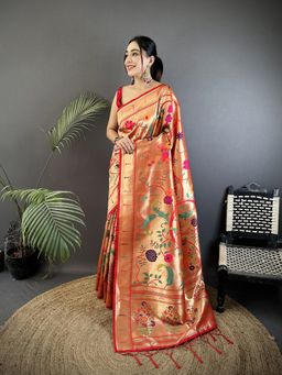 Elora - Pastel Red Soft Silk Floral Motifs Pattern Pathani Saree With Unstitched Blouse