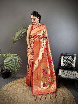 Elora - Reddish Pink Soft Silk Floral And Leaf Pattern Pathani Saree With Unstitched Blouse