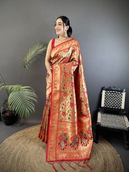 Elora - Red Soft Silk Floral Motifs Pattern Pathani Saree With Unstitched Blouse