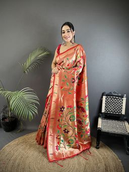 Elora - Red Soft Silk Floral And Peacock Pattern Pathani Saree With Unstitched Blouse