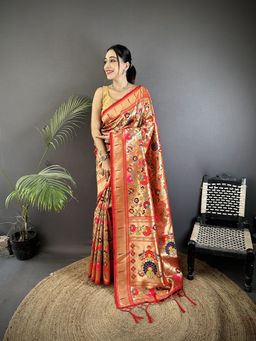 Elora - Crimson Red Soft Silk Floral And Leaf Pattern Pathani Saree With Unstitched Blouse