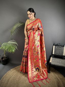 Elora - Golden Pink Soft Silk Floral And Leaf Pattern Pathani Saree With Unstitched Blouse