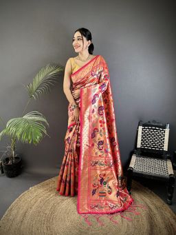 Elora - Reddish Pink Soft Silk Peacocks Floral Pathani Saree With Unstitched Blouse