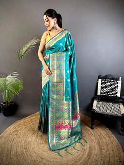 Elora - Teal Woven Saree With Unstitched Blouse
