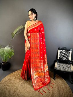 Elora - Red Woven Saree With Unstitched Blouse