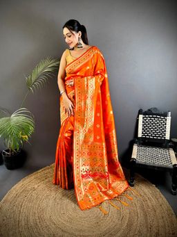 Elora - Orange Woven Saree With Unstitched Blouse