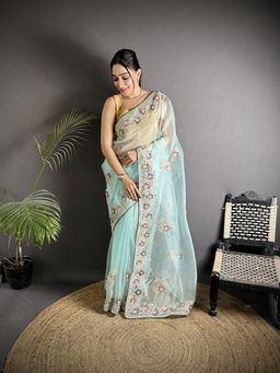 Elora - Blue Floral Saree With Unstitched Blouse