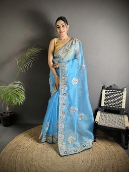Elora - Turquoise Floral Saree With Unstitched Blouse