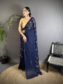 Elora - Navy Blue Polka Dots Saree With Unstitched Blouse
