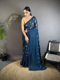 Elora - Blue Polka Dots Saree With Unstitched Blouse