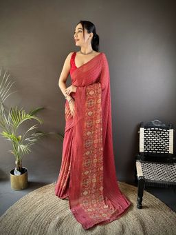 Elora - Red Printed Saree With Unstitched Blouse