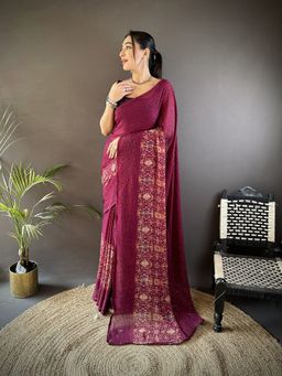 Elora - Wine Printed Saree With Unstitched Blouse