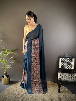 Elora - Blue Printed Saree With Unstitched Blouse