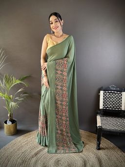 Elora - Green Printed Saree With Unstitched Blouse