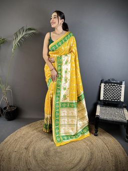 Elora - Yellow Printed Saree With Unstitched Blouse
