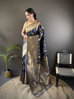 Elora - Navy Blue Woven Saree With Unstitched Blouse