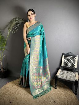 Elora - Teal Woven Saree With Unstitched Blouse