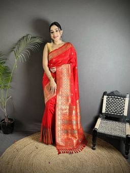 Elora - Red Woven Saree With Unstitched Blouse