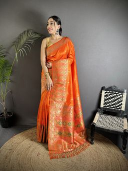 Elora - Orange Woven Saree With Unstitched Blouse