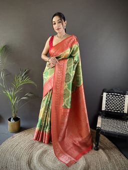 Elora - Olive Woven Saree With Unstitched Blouse