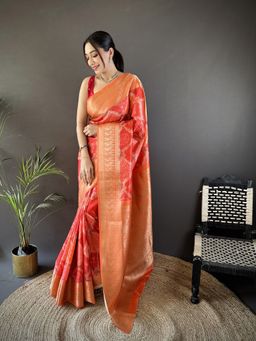 Elora - Orange Woven Saree With Unstitched Blouse