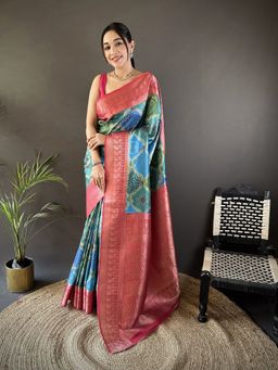 Elora - Teal Woven Saree With Unstitched Blouse