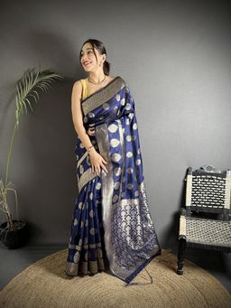 Elora - Navy Blue Woven Saree With Unstitched Blouse
