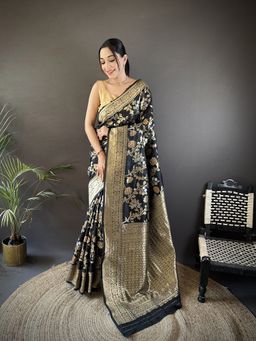Elora - Black Floral Saree With Unstitched Blouse