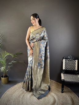 Elora - Grey Floral Saree With Unstitched Blouse