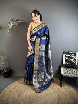Elora - Navy Blue Paisley Saree With Unstitched Blouse