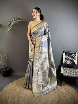 Elora - Grey Paisley Saree With Unstitched Blouse