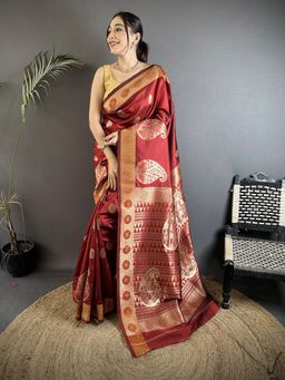 Elora - Maroon Paisley Saree With Unstitched Blouse