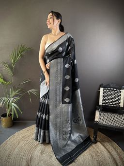 Elora - Black Floral Saree With Unstitched Blouse