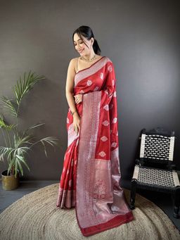 Elora - Maroon Floral Saree With Unstitched Blouse