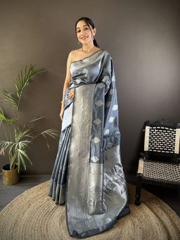 Elora - Grey Floral Saree With Unstitched Blouse