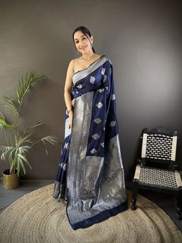 Elora - Navy Blue Floral Saree With Unstitched Blouse