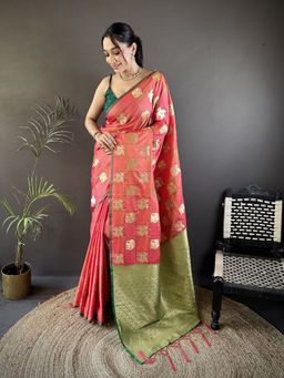 Elora - Orange Woven Saree With Unstitched Blouse